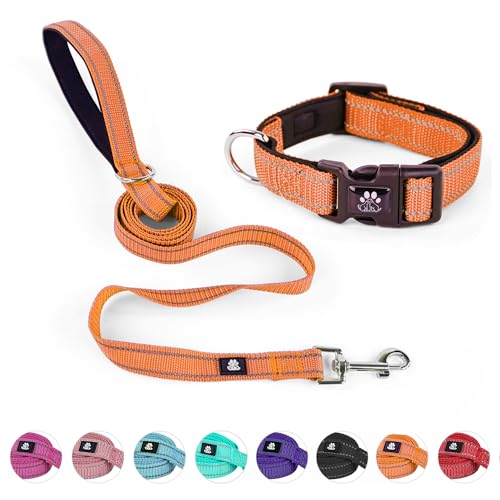 NESTROAD Dog Collar and Leash Set,Reflective Dog Collars with Quick Release Buckle,Adjustable Nylon Pet Collar for Small Medium Large Dogs(Small,Orange) - color: Orange, size: Small