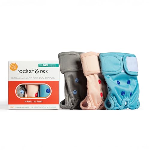 rocket & rex Washable Reusable Female Dog Diapers with Snaps (X-Small, 3ct) | Adjustable for a customized, snug fit. Includes liner pocket for extra absorbency. Guaranteed for 300 washes. - size: Extra Small