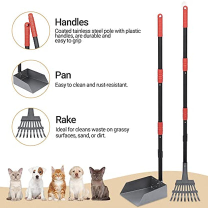 Heeyoo Dog Pooper Scooper, Dog Poop Tray and Rake Set, Pet Waste Removal Scoop with Long Adjustable Sectional Stainless Handles - color: Black/Red