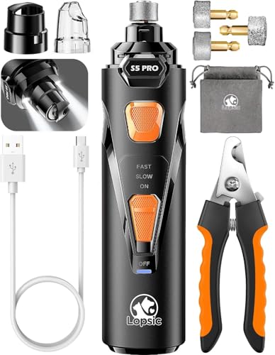Whisper Quiet Dog Nail Grinder with 4 LED Lights, Safe & Stress-Free for Sensitive Dogs Cats of All Breeds & Sizes, 3 Grinding Bits, 3-Speed, Pet Nail Trimmers, Rechargeable Painless Grooming Kit - color: Black