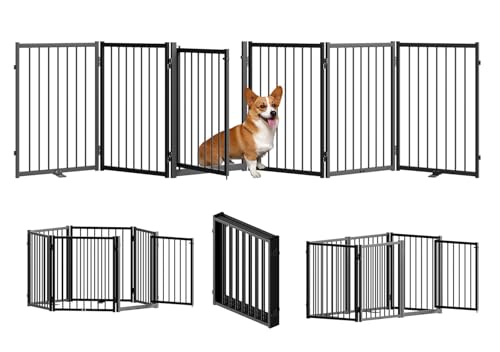 SNUOWU Full Metal Freestanding Dog Gate with Door, 24'' Height Foldable Pet Dog Fence for Indoor & Outdoor, 6 Panels Extra Wide Free Standing SmallDog Gates for Doorways,House,Stairs,Porch,Deck,Yard - color: Black, size: 【6 Panels】120"W*24H"