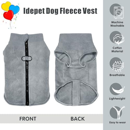 Idepet Dog Fleece Vest Sweater Zip Up Warm Pullover Dogs Jacket with D-Ring Leash Winter Cold Weater Coat Pet Sweatershirt Clothes Hoodie for Small Medium Dogs Boy Girl (Gray, S) - color: Gray, size: S
