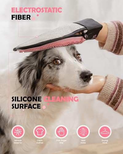 Pet Hair Removal Glove for Dogs & Cats, 2-in-1 Double-Sided Pet Grooming Tool, Electrostatic Pet Hair Remover Glove for Clothes & Furniture + Silicone Brush for Deshedding Pets,Pink - color: 1pcs-Pink