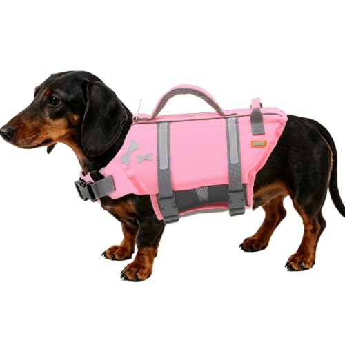 EMUST Dog Life Vests, Adjustable XS Dog Life Jacket with Rescue Handle, Puppy Flotation Vest for Small/Medium/Large Dogs, SakuraPink, XS - color: Sakura Pink, size: XS