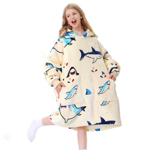Aemicion Kids Wearable Blanket Hoodie-Shark Plush Hooded Blanket with Pockets, Cozy Fleece Sherpa Blanket as Gift for Boys Girls - color: Big Shark/Kids, size: Kids