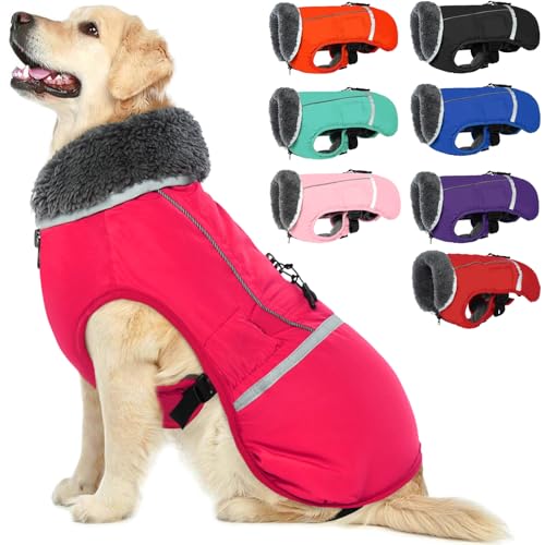 QBLEEV Warm Dog Coat Reflective Dog Jacket, Waterproof Dog Winter Coat Turtleneck Dog Clothes for Cold Weather, Thick Fleece Dog Snowsuit Christmas Dog Vest Pet Apparel for Small Medium Large Dogs M - color: Rose Red, size: Medium