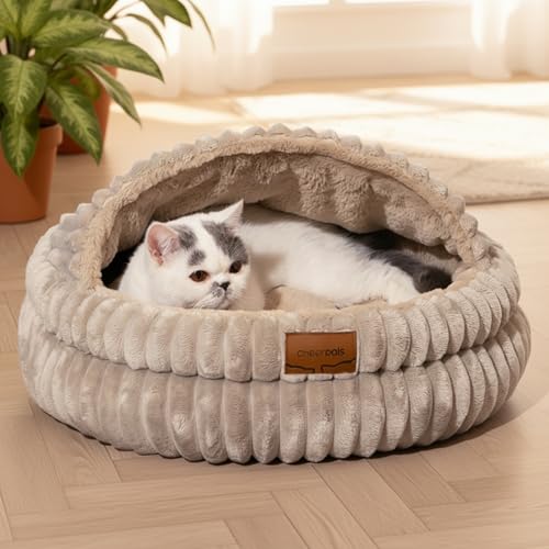 CHEERPALS Cat Cave Bed for Indoor Cats, Washable Covered Cat Bed Hooded Kitty Bed Soft Fluffy Pet Bed for Puppy and Small Dog(Khaki) - color: Khaki