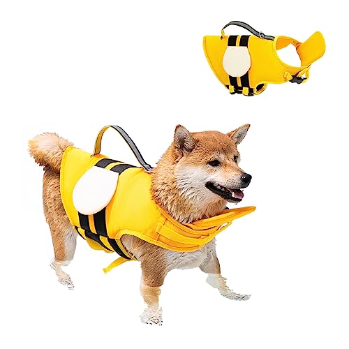 Dog Life Jacket with Cute Bee Design, Extra Chin Support, Reflective Accents and Strong Rescue Handle with Safety Leash Attachment
