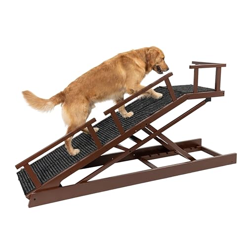 65" Foldable Dog Ramp for Bed, 6-Level Height Adjustable (13"-32.1") with Rest Platform, Carpet Surface Removable Washable Cover & Waterproof Backing, Safety Rails & Glow Strips, for Large Senior Dogs - color: Brown - Carpet Style