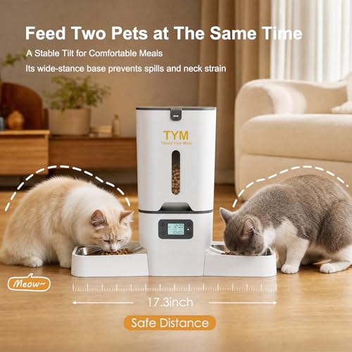 TYM Automatic Cat Feeder 2 Cats, 7L Cat Dry Food Dispenser with Double Bowls, Dual Auto Dog Feeder with Programmable Timer, Dual Power Supply, Easy to Clean for Multiple Cats and Small Dogs - color: White-2a