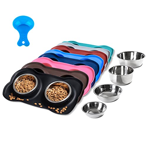 Hubulk Pet Dog Bowls 2 Stainless Steel Dog Bowl with No Spill Non-Skid Silicone Mat + Pet Food Scoop Water and Food Feeder Bowls for Feeding Small Medium Large Dogs Cats Puppies (M, Black) - color: Black, size: Medium