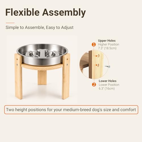 Elevated Slow Feeder Dog Bowl for Medium Dogs, Adjustable Raised Dog Bowl Stand with Stainless Steel Slow Feed Bowl, Reduces Choking & Improves Digestion, Non-Slip Bamboo Stand - color: natural