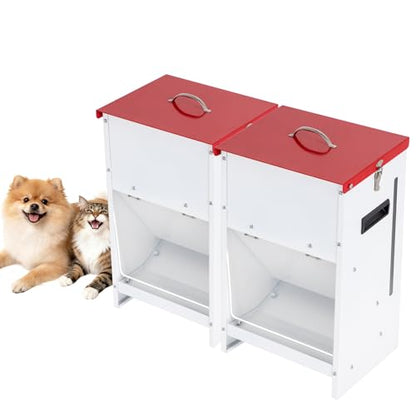 2-Pack Metal Automatic Dog Feeder - 15LBS Food Capacity Automatic Gravity Dispenser, Powder Coated & Waterproof for Indoor & Outdoor Use, 10.2" L x 8.3" W x 19" H, Red and White - size: 15 Pounds - 2 PCS