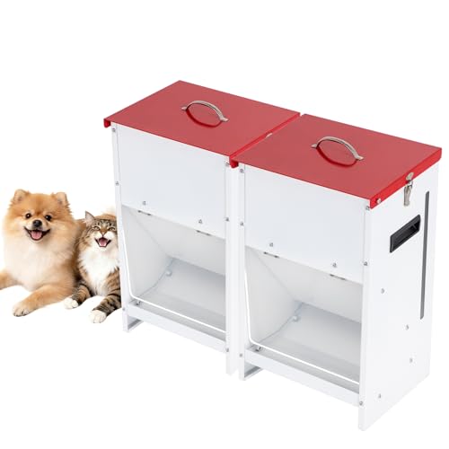 2-Pack Metal Automatic Dog Feeder - 15LBS Food Capacity Automatic Gravity Dispenser, Powder Coated & Waterproof for Indoor & Outdoor Use, 10.2" L x 8.3" W x 19" H, Red and White - size: 15 Pounds - 2 PCS