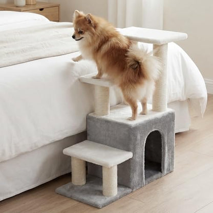 Heybly Cat Scratching Post, Sturdy Pet Stairs & Steps for Indoor Cats and Dogs, Small Cat Tree with Cat Condo, Full Wrapped Sisal Posts & Soft Rabbit-Like Plush Fabric, Light Gray & White HSP002SWWH - color: Light Gray