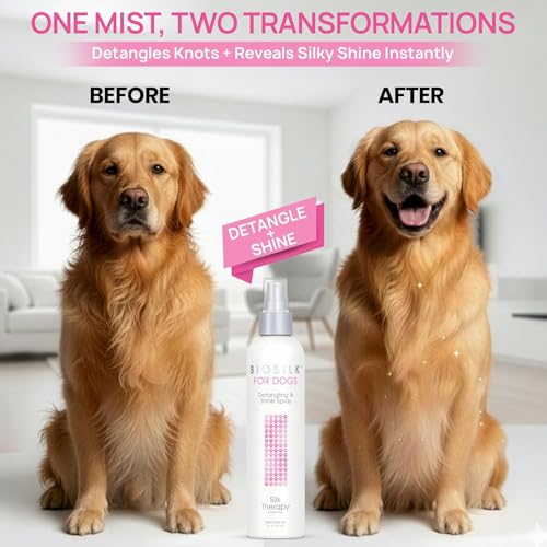 BioSilk for Dogs Silk Therapy Detangling and Shine Protecting Spray, pH Balanced Leave-in Mist with Silk and Vitamins for Dematting, Paraben-Free, All Coats and Breeds, 8 Fl Oz - 6 Pack - size: 8 Fl Oz (Pack of 6)