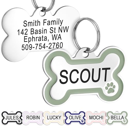 GoTags Stainless Steel Pet ID Bone Round and Heart Shaped Tags with Enamel Paw Design, Personalized Dog and Cat Tags, up to 5 Lines of Custom Text, Engraved on Both Sides (Sage, Small Bone) - color: Sage, size: Small Bone (Pack of 1)