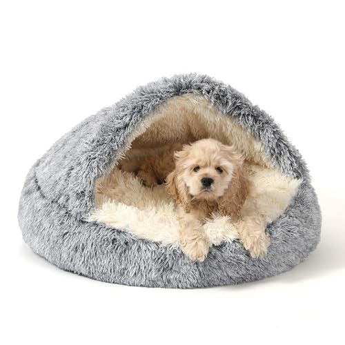 NOYAL Round Hooded Donut Dog Bed for Small & Medium Pets - Plush Fluffy Anti-Anxiety Cat Cave Bed with Cover - color: Gradient Dark grey, size: Small 19.6''