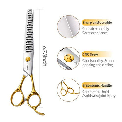 Dog Thinning Shears for Grooming 6.75" Chunker Shears Quickly Thinning Thick Hair Professional Dog Grooming Scissors for Small Dogs Right Handed Groomer Japan 440C 18 Teeth(Chunker, Gold) - size: 7 inch, style: Chunker
