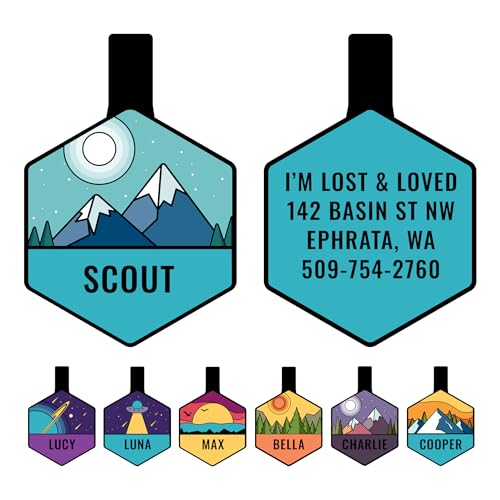 GoTags Silent Dog Tag, Personalized Engraved Hexagon Silicone Pet ID Tag | Dog and Cat Name, Number Address or Message, 5 Lines Custom Text, Soundless No More Jingling Dog Tags (Mountain Blue) - size: Hexagonal (Pack of 1), style: Mountain Blue