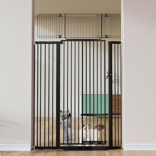 COMOMY 71" Extra Tall Pet Gate for Cats, 29.5-43" Extra Wide Cat Gate with Adjustable Cat Door, Pressure Mounted Easy Walk Through Pet Gate with Door for Stairs, Doorways, Kitchen(Black) - color: Black, size: 71" Tall x 43" Wide