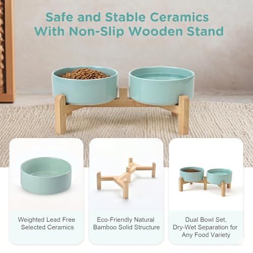 SPUNKYJUNKY Elevated Dog Bowls Ceramic, 5.1'' Dogs and Cat Food Water Bowls Raised with Non-Slip Bamboo Stand for Puppy Small Sized Breed Microwave Dishwasher Safe - 13.5 OZ,Light Green - color: Light Green, size: 5.1 in - 1.7 cups