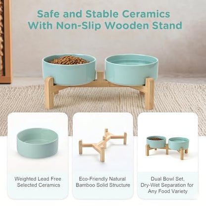 SPUNKYJUNKY Elevated Dog Bowls Ceramic, 5.1'' Dogs and Cat Food Water Bowls Raised with Non-Slip Bamboo Stand for Puppy Small Sized Breed Microwave Dishwasher Safe - 13.5 OZ,Light Green - color: Light Green, size: 5.1 in - 1.7 cups