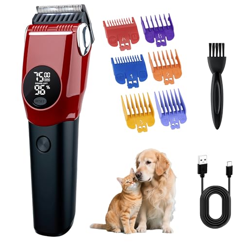Mcbazel Dog Clippers Grooming Kit, Low Noise Rechargeable Cordless Adjustable Pet Hair Shaver Trimmers Set for Dogs, Cats and Other Pets [Red]