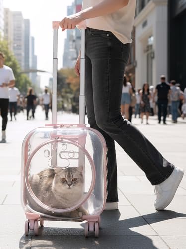 Cat Carrier with Wheels & Detachable Strap – Rolling Pet Trolley with Telescopic Handle, Transparent Hard Shell, Silent Wheels, Ventilated Design for Travel, Walking, Vet Visits for Small - color: Pink