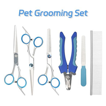 6-piece set of pet grooming scissors and nail clippers - professional dog and cat nail clipper set, equipped with grooming scissors and nail clippers - suitable for pet dogs and cats