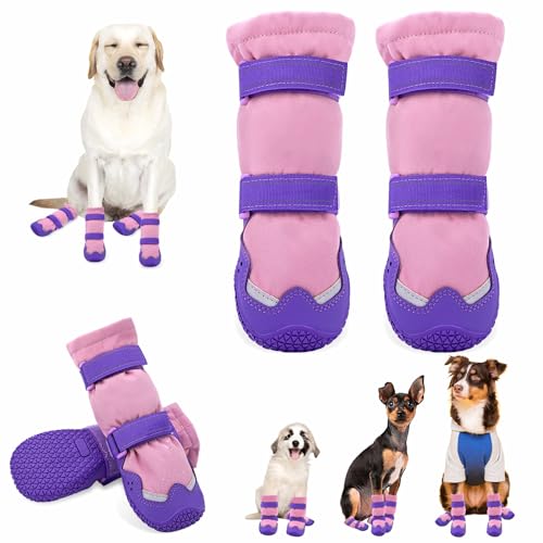 Dog Boots for Winter, Dog Snow Booties Fleece Lined for Medium Large Dogs, Waterproof Dog Shoes for Cold Weather, Anti-Slip Paw Protectors Booties for Outdoor Walking Hiking Hardfloors Size 6 - color: Purple, size: Size 6 (For Width 2.4"-2.6")