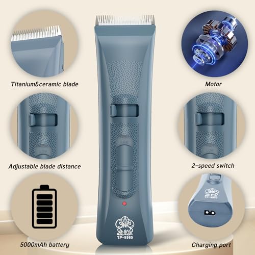 Tife Dog Clipper Low Noise, Dog Grooming Kit with Rechargeable, Pet Shaver Cordless Electric Quiet Hair Clipper (Blue-tp9980) - color: Blue-tp9980