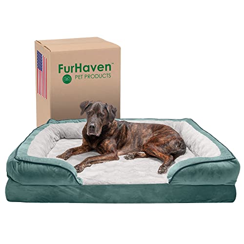 Furhaven Orthopedic Dog Bed for Large Dogs w/ Removable Bolsters & Washable Cover, For Dogs Up to 125 lbs - Plush & Velvet Waves Perfect Comfort Sofa - Celadon Green, Jumbo Plus/XXL - color: Celadon Green, size: 53.0"L x 40.0"W x 10.5"Th