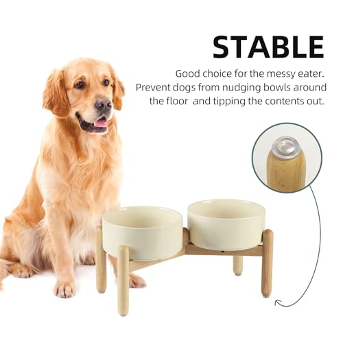 Havniva 7.3inch Ceramic Raised Dog Bowl with Stand, Double Dog Bowls Elevated for Medium Breed Dog Food and Water Bowl Set Non-Slip Dog Dish Large Capacity Feeding Pet Water Bowl - color: 2 Bowls+Stand - Light Yellow, size: 7.3inch