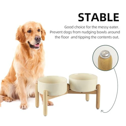 Havniva 7.3inch Ceramic Raised Dog Bowl with Stand, Double Dog Bowls Elevated for Medium Breed Dog Food and Water Bowl Set Non-Slip Dog Dish Large Capacity Feeding Pet Water Bowl - color: 2 Bowls+Stand - Light Yellow, size: 7.3inch