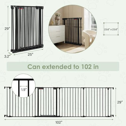 SMONTER Freestanding Dog Gate with Door Walk Through, 102" Extra Wide Foldable Dog Fence, 4 Panels 29" Tall Metal Pet Gate for Stairs, Hallways - size: 4 Panels 102" W x 29" H