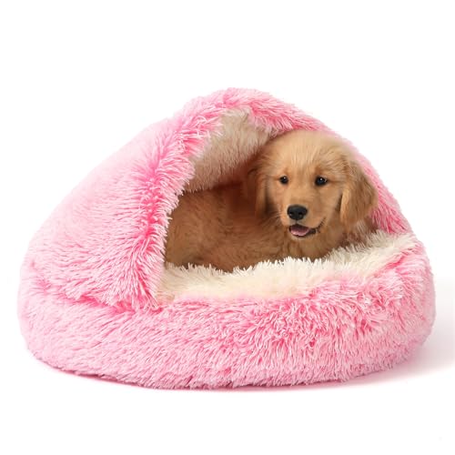 NOYAL Round Hooded Donut Dog Bed for Small & Medium Pets - Plush Fluffy Anti-Anxiety Cat Cave Bed with Cover - color: Gradient Pink, size: Medium 23.6''