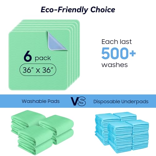 6 Pack 36” x 36” Extra Heavy Absorbency Washable Underpads, Waterproof Quick Drying Nursing Pads Incontinence Bed Pads, Reusable Washable Pee Pads for Dogs, Diaper Changing & Adults - size: 6 Pack - 36" x 36"