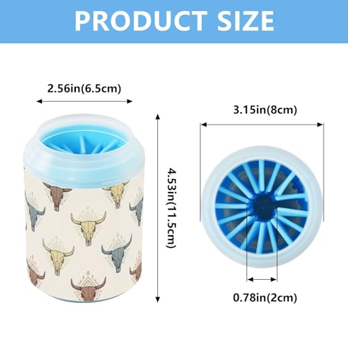 Western Skull Beige Pattern Dog Paw Cleaner Cup with Soft Silicone Brush, Small Portable Lightweight Muddy Paw Washer for Dogs, Easy to Use Pet Foot Cleaner