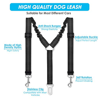 SlowTon Dog Seat Belt, Double Dog Seatbelt Adjustable Vehicle Safety Leash with Elastic Bungee Buffer, Reflective No Tangle Y Shape Two Dog Harness Seat Belt Splitter for Pets Car Trip (Black, M) - color: A.Black, size: 2 Medium in 1
