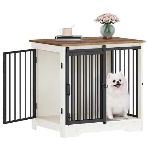 Hzuaneri 27.2" Dog Crate Furniture with Barn Door, Heavy Duty Dog Kennel Indoor with 2 Doors, Wooden Pet Cage End Table for Small Medium Dogs up to 22 lb, Anti-Chew Anti-Escape, White Brown DFC84314B - color: White Brown, size: 27.2"L x 19.3"W x 25.4"H