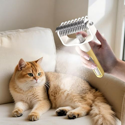 Dual-Sided Pet Grooming Comb for Dogs and Cats, Stainless Steel Dematting Undercoat Rake, 2-in-1 Deshedding Brush with Spray for Long Hair (Yellow) - color: Yellow