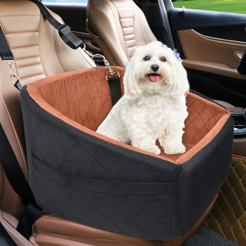 NEEZUKAR Dog Car Seat for Small Medium Dogs,Detachable Washable Dog Booster Seat Under 30lbs, Pet Car Seats Travel Bed with Storage Pockets and Safety Belt(Black/Z) - color: Black/red brown