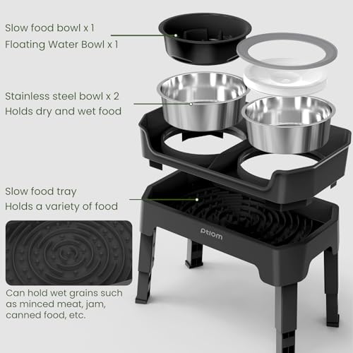 4-in-1 Elevated Slow Feeder Dog Bowls, 4 Height Adjustable Mess Proof Raised Dog Bowl Stand with No Spill Dog Water Bowl, Stainless Steel Dog Food Bowl & Slow Feeder for Large Medium Small Dogs Pets - color: Black, size: Water Bowl + Stainless Steel Bowl