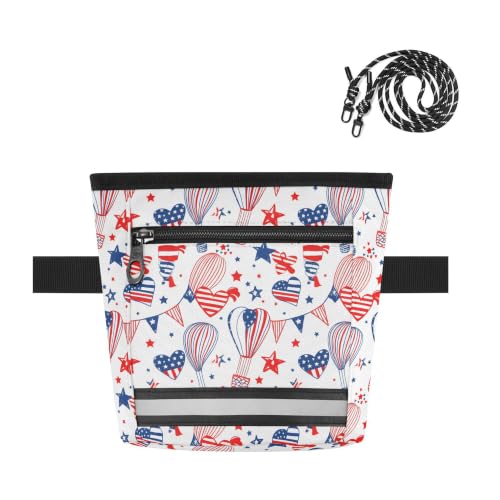 Independence Day Pattern Water-Resistant Dog Treat Pouch, 3 Ways to Wear Treat Bag with Magnetic Closure & Reflective Strip, Hands-Free for Pet Training, Walking