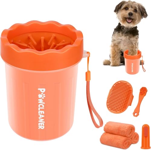 Professional 7 in 1 Dog Paw Cleaner for Dogs & Cats - Includes 1 Portable Paw Washer, 1 Bath Brush, 2 Dog Toothbrushes and 3 Absorbent Towels Note: Fits Paws up to 2 Inches Wide (Orange, Small) - color: Orange, size: Small