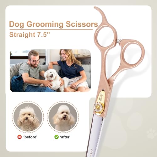 Professional Dog Grooming Scissors Rose Gold 440C Stainless Steel Straight Thinning Curved Chunker Shears for Pet Grooming Services Dogs and Cats (Straight, 7.5‘’) - size: 7.5‘’, style: Straight