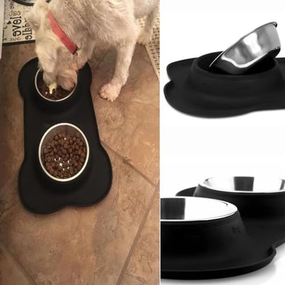 AsFrost Dog Food Bowls Stainless Steel Pet Bowls & Dog Water Bowls No Spill Non Skid, Feeding Bowls with Dog Bowls Silicone Mat for Small Medium Large Size Dogs, Cat Pet Dog Dishes Set, Black, 3 Cup - color: Black, size: 3 Cup/27 oz each