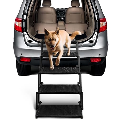 Extra Wide Dog Stairs for Car - Foldable Dog Ramps for Large Dogs with Non Slip Surface, Portable Dog Steps for Cars and SUV, Truck, Support Up to 250 Lbs - color: Black, size: Wide 5 Steps