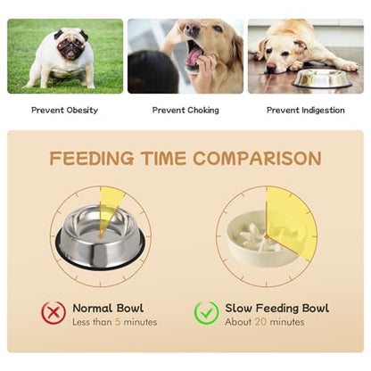 Havniva 6.1” Raised Slow Feeder Dog Bowls Set, 0.9 Cups Ceramic Slow Feeder Dog Bowl and 6.1” Dog Water Bowl with Elevated Wooden Stand Puzzle Dog Food Bowl for Small Dogs Anti-Gulping & Anti-Choking - color: 2 x Light Yellow+Stand-C, size: 6.1inch